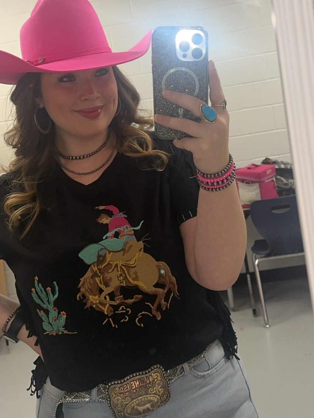 Black Western Graphic Tee with Hot Pink Cowboy Hat Accent